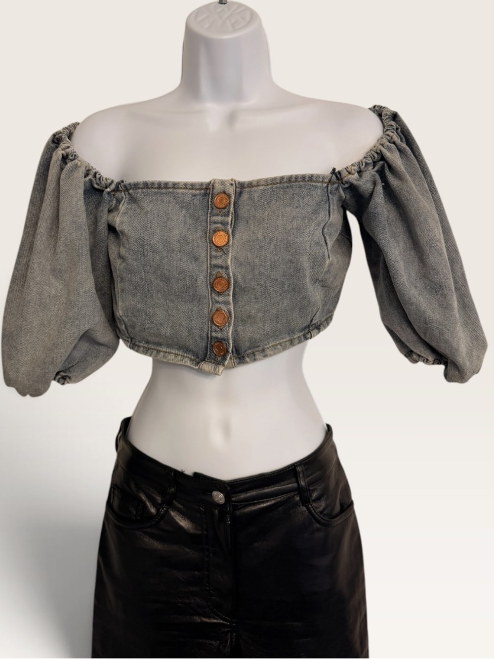 Missguided Washed Light Blue Denim Crop Top with Puff Sleeves Size 6